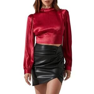 ASTR The Label Wine Red Satin Tulle Puff Shoulder Tie Open Back Crop Top Small